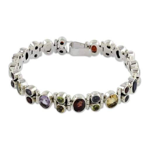 NOVICA Artisan Handmade Multigemstone Link Bracelet Sterling Silver Peridot Iolite Green Multicolor Purple Red Yellow India Birthstone [7.5 in L x 0.4 in W] ' Sparkle'