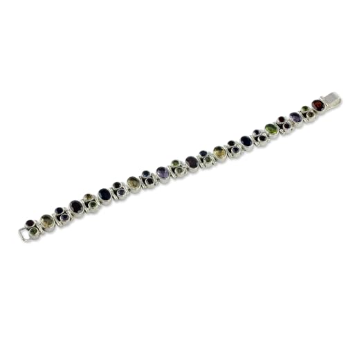 NOVICA Artisan Handmade Multigemstone Link Bracelet Sterling Silver Peridot Iolite Green Multicolor Purple Red Yellow India Birthstone [7.5 in L x 0.4 in W] ' Sparkle'