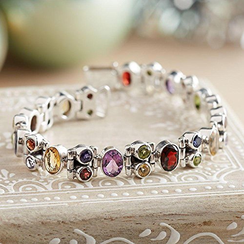 NOVICA Artisan Handmade Multigemstone Link Bracelet Sterling Silver Peridot Iolite Green Multicolor Purple Red Yellow India Birthstone [7.5 in L x 0.4 in W] ' Sparkle'