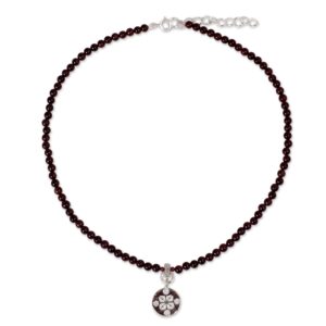 novica artisan handmade garnet pendant necklace .925 sterling silver choker red beaded thailand sangria birthstone 'lucky charm'