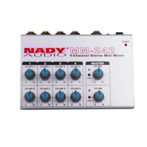 Nady MM-242 4 Stereo / 8 Mono Channel Mini Mixer with mono/stereo mode, ¼” Inputs and outputs – battery powered, or use optional AC adapter