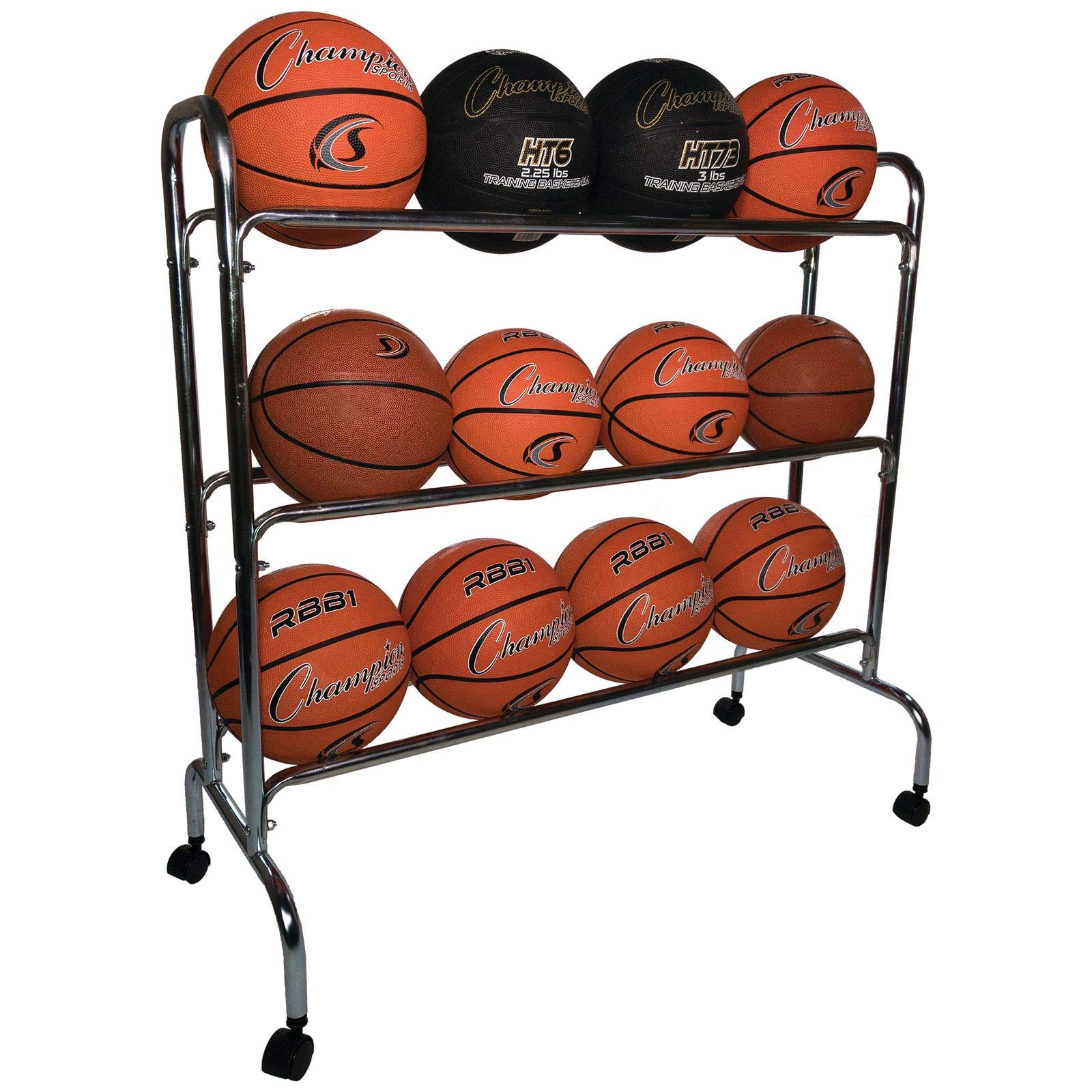 Champion Sports Three Tier Basketball Storage Cart Rack, 12 Ball Capacity (Silver)