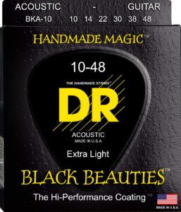 dr strings acoustic guitar strings, black beauties - black coated, 10-48