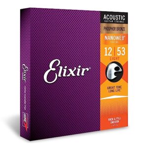 elixir strings, acoustic guitar strings, phosphor bronze with nanoweb coating, longest-lasting rich and full tone with comfortable feel, 6 string set, light 12-53