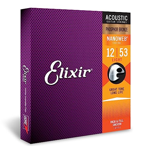 Elixir Strings, Acoustic Guitar Strings, Phosphor Bronze with NANOWEB Coating, Longest-Lasting Rich and Full Tone with Comfortable Feel, 6 String Set, Light 12-53