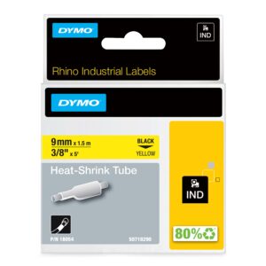 dymo industrial heat shrink tubes for dymo industrial rhinopro label makers, black on yellow, 3/8", (18054)