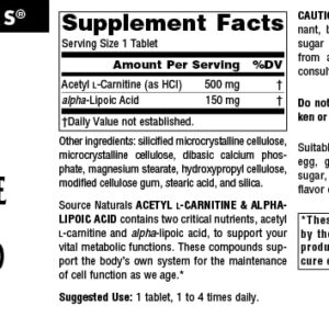 Source Naturals Acetyl L-Carnitine & Alpha-Lipoic Acid, for Cellular Vitality*, 650mg - 60 Tablets