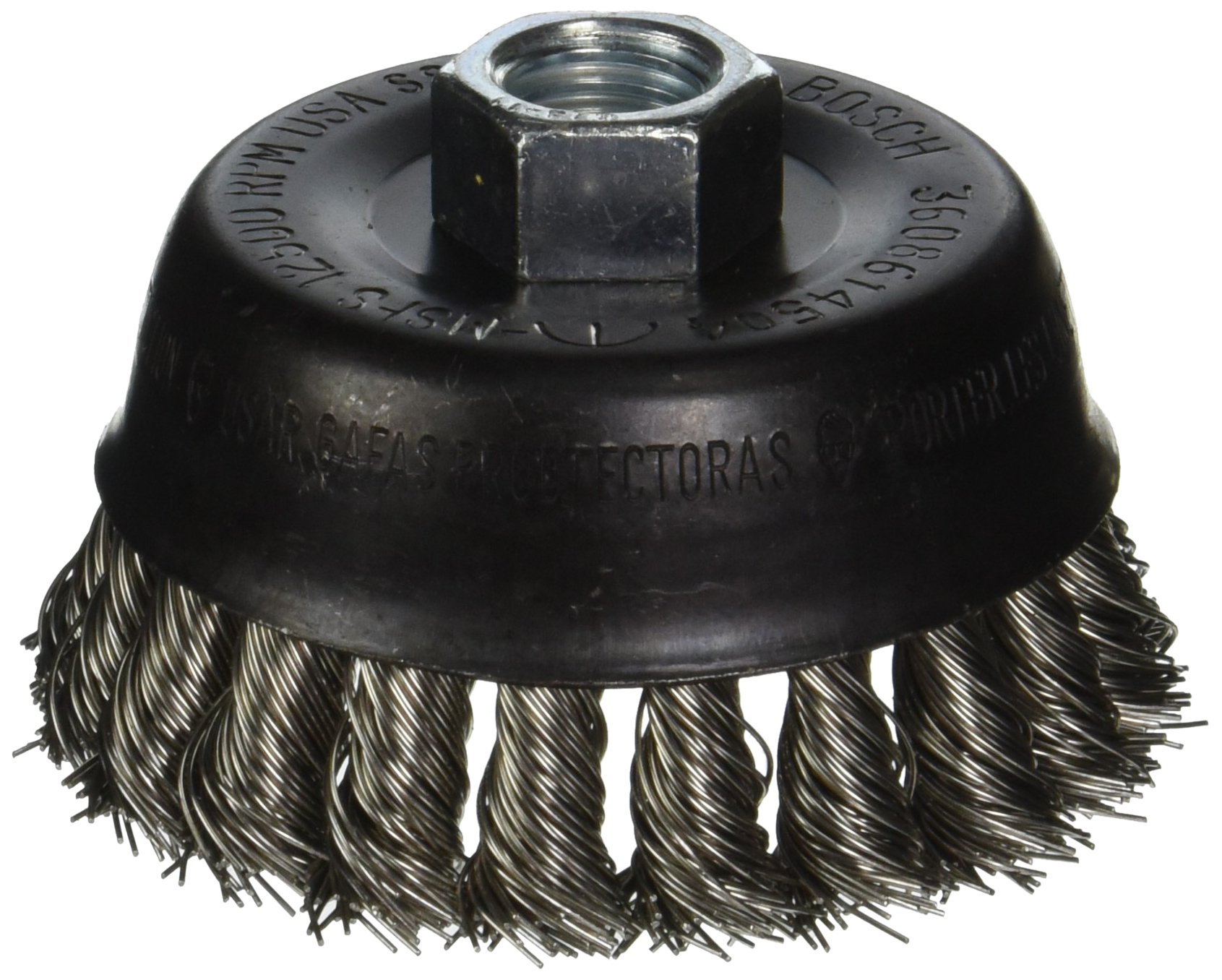 BOSCH WB504 3-Inch Cup Brush, Knotted, Stainless Steel, 5/8-Inch x 11 Thread Arbor