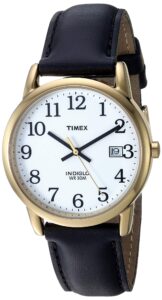 timex men's easy reader 35mm watch – gold-tone case white dial with black leather strap