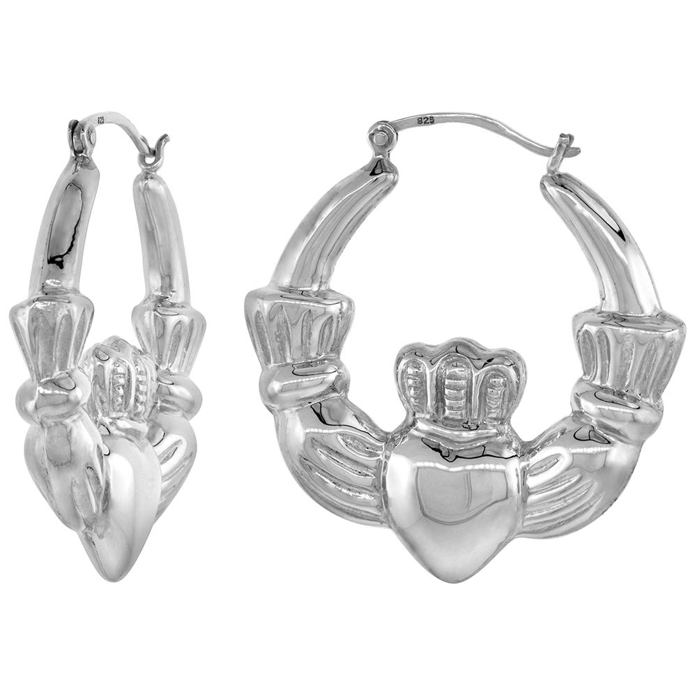 Sterling Silver High Polished Large Claddagh Earrings