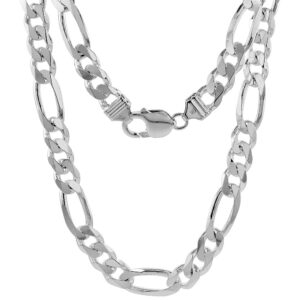 Sterling Silver 9mm Figaro Link Chain Necklace Heavy weight Beveled Edges Nickel Free Italy 20 inch