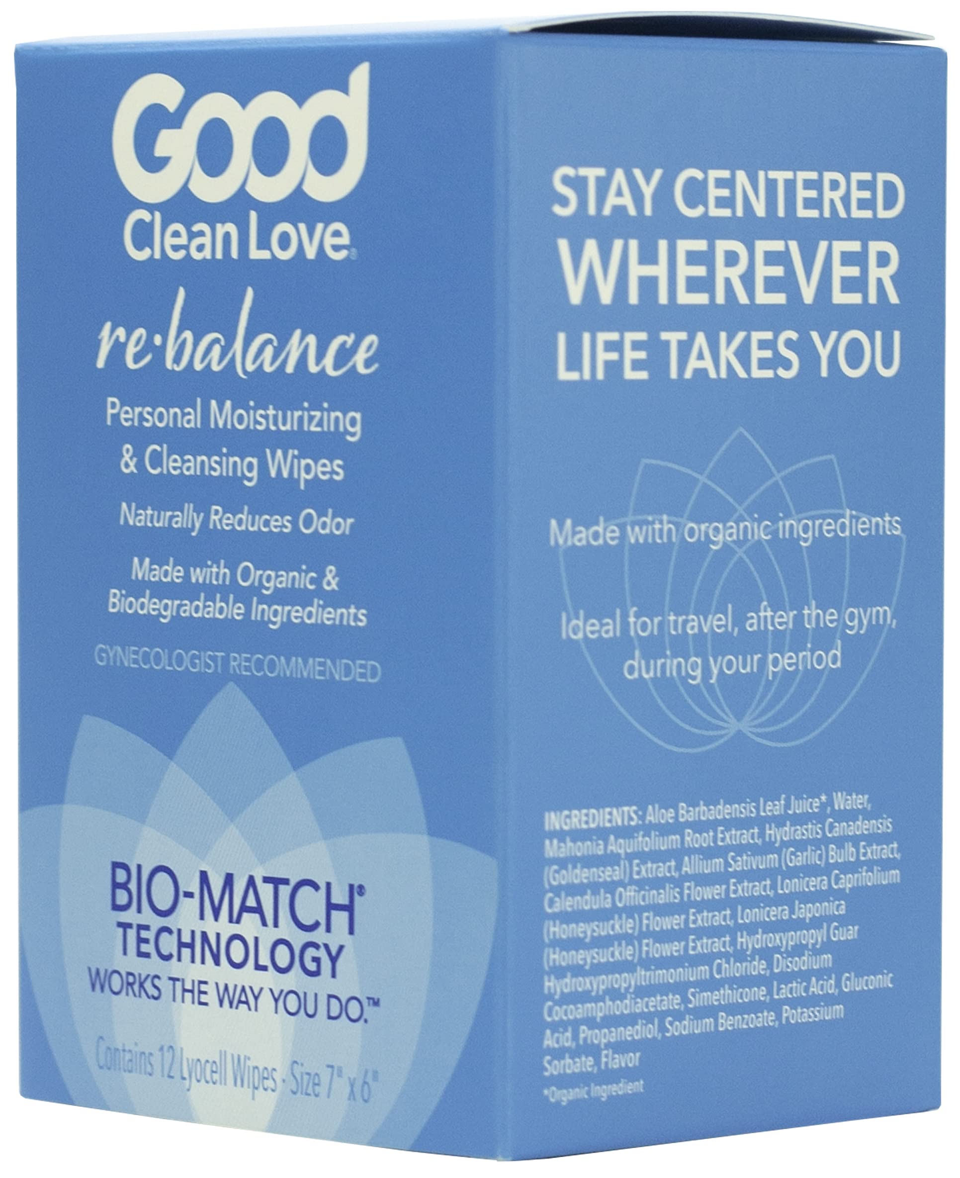 Good Clean Love Rebalance Feminine Wipes, Supports Vaginal Health Naturally & Reduces Odor, Moisturizing & Cleansing Hygiene Product Made with Aloe, pH-Balanced Feminine Wipes, 12 Biodegradable Wipes