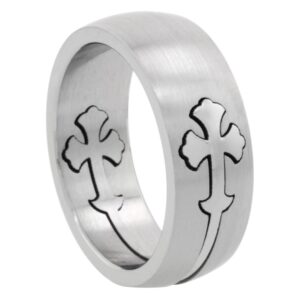 surgical stainless steel 8mm gothic cross wedding band ring domed matte finish, size 10