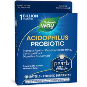 nature's way acidophilus probiotic pearls, supports digestive balance*, protects against occasional constipation and bloating*, 1 billion live cultures, 90 softgels (packaging may vary)