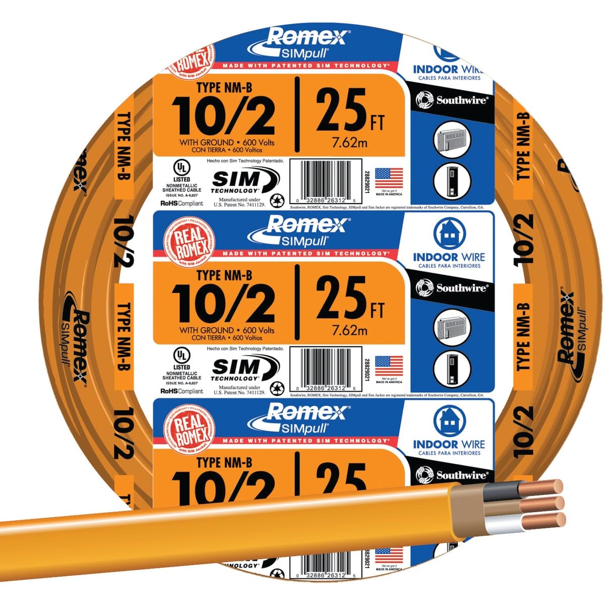 Southwire Romex Brand Simpull Solid Indoor 10/2 W/G NMB Cable 25ft coil - SW 28829021