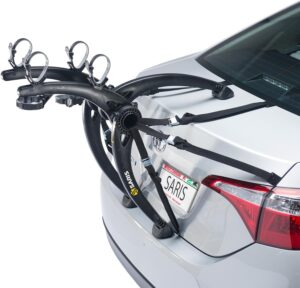 saris bones car trunk bicycle rack carrier, mounts 2 bikes, black - durable, rust-free, anti-sway straps, fits most vehicles, made in usa, arc-based design, 100% recyclable materials