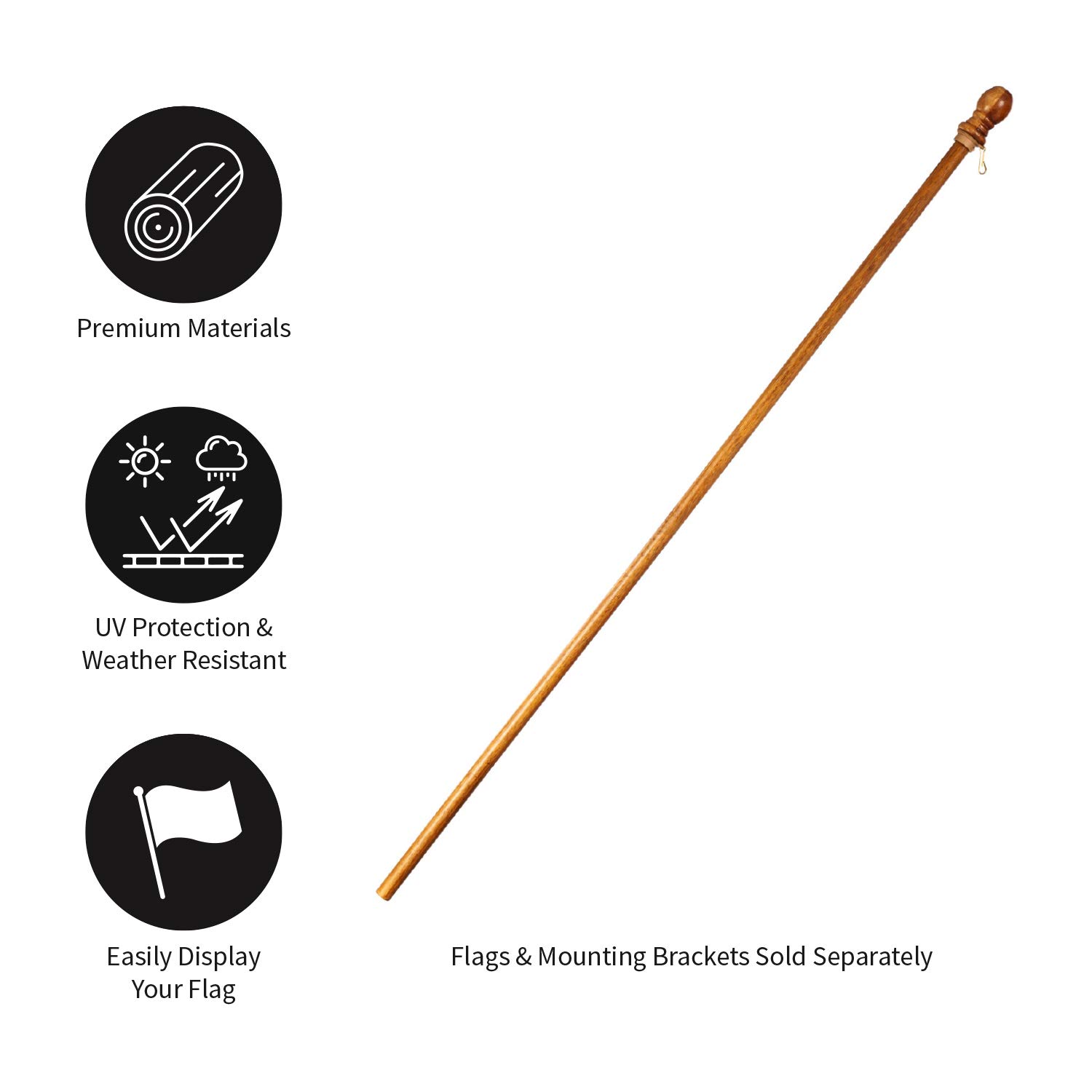 Evergreen Solid Wood 56" Flag Pole | Single Flag Holder Tangle Free Clip| 3x5 American Flags with Pole Sleeve or Grommets | Residential or Commercial