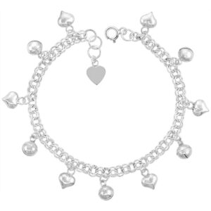 sterling silver dangling hearts and jingle bells charm charm bracelet for women 13mm drops fits 7-8 inch wrists