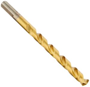 bosch ti2143 1-piece 1/4 in. x 4 in. titanium nitride coated metal drill bit with 3/8 in. reduced shank for applications in heavy-gauge carbon steels, light gauge metal, hardwood