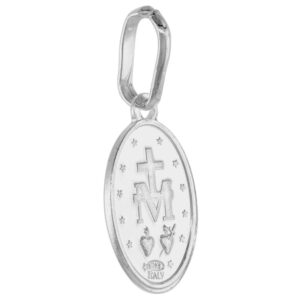 15mm Very Tiny Sterling Silver Miraculous Medal Necklace Oval Virgin Mary Italy with Stainless Steel Chain 1/2 inch