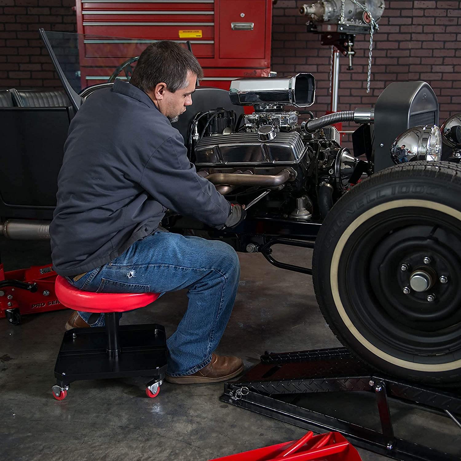 BIG RED TR6350 Torin Rolling Pneumatic Creeper Garage/Shop Seat: Padded Adjustable Mechanic Stool with Tool Tray Storage, Red Large