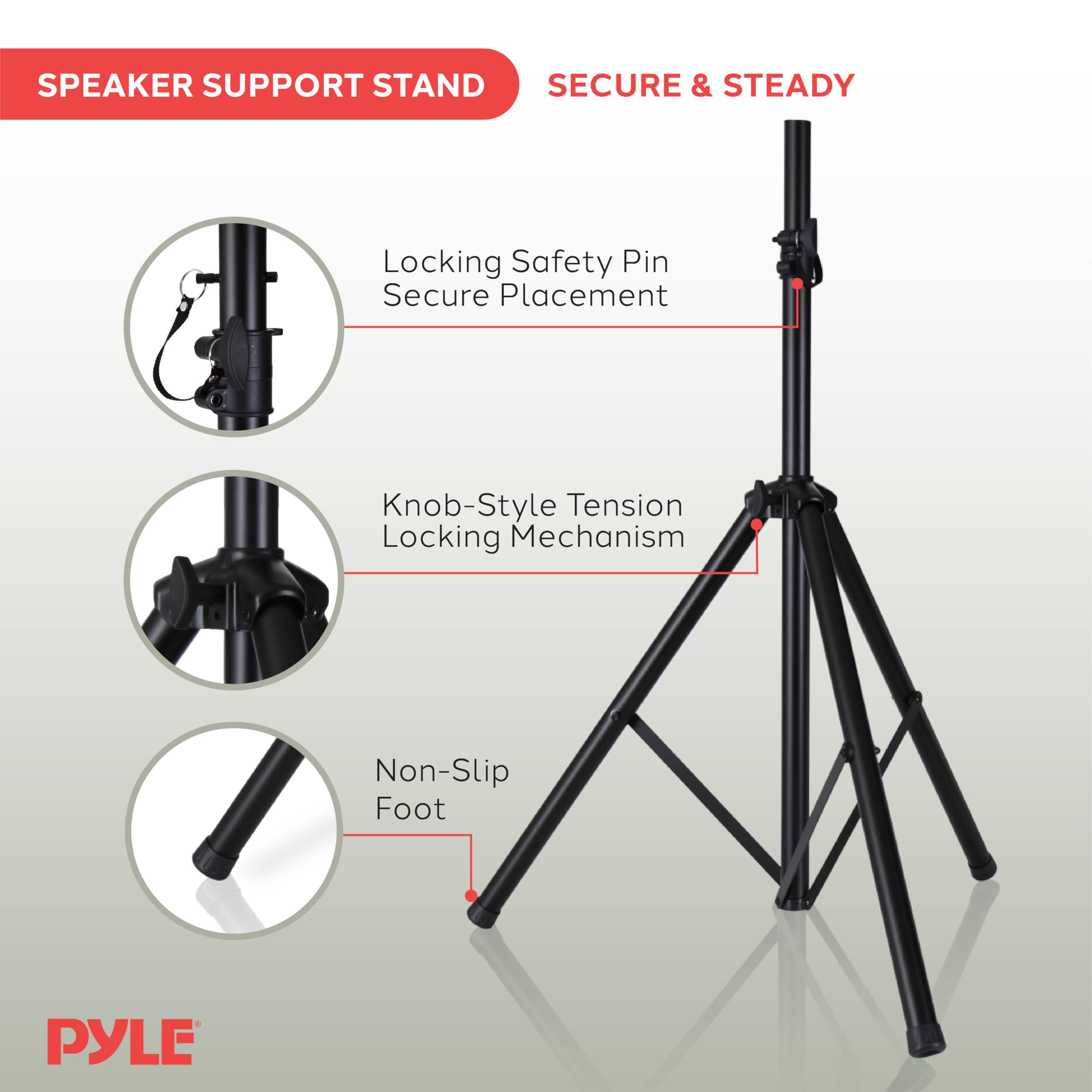 Pyle Universal Speaker Stand Mount Holder Heavy Duty Tripod w/ Adjustable Height from 40” to 71” and 35mm Compatible Insert Easy Mobility Safety Pin and Knob Tension Locking for Stability, Black