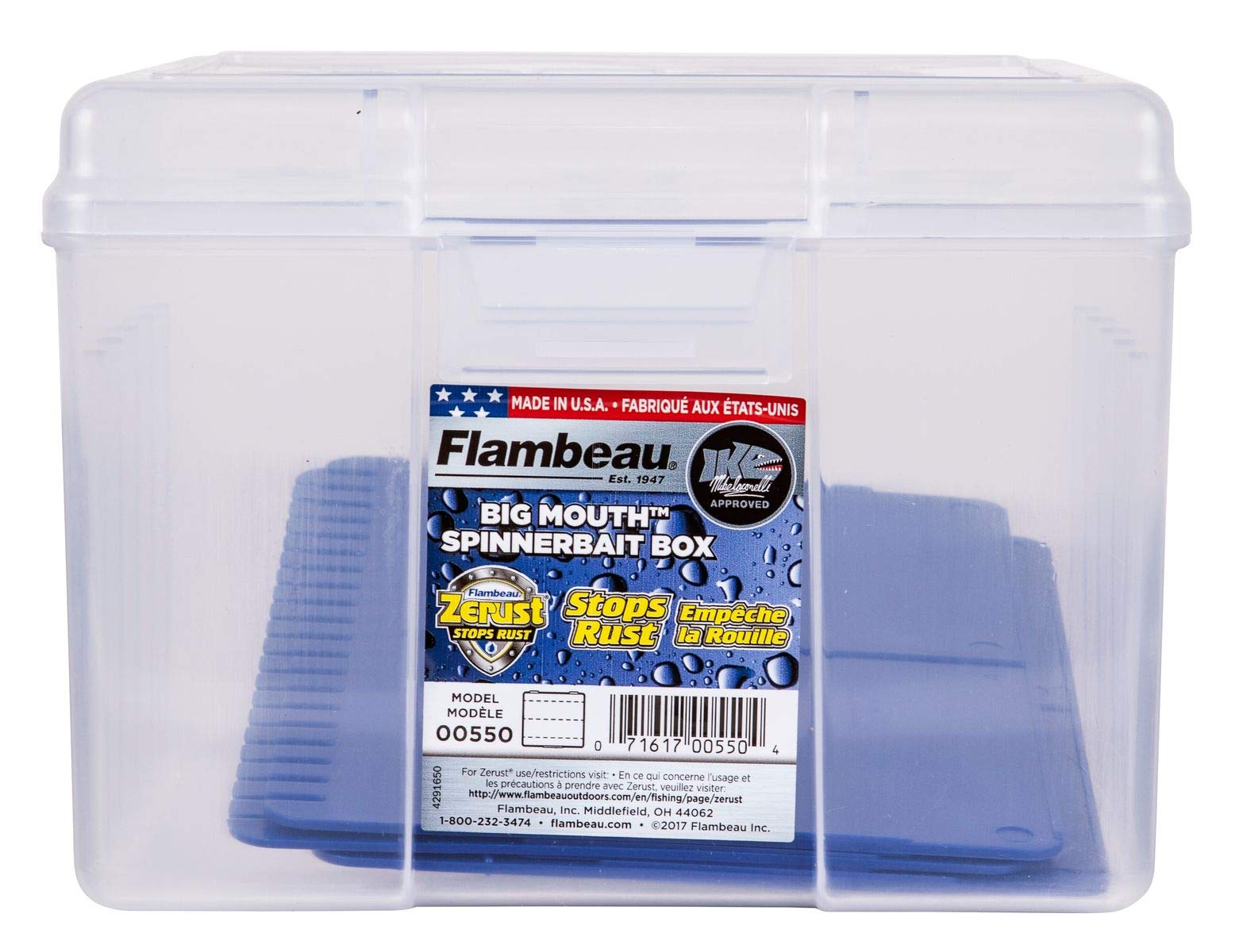 Flambeau Outdoors 550 Large Big Mouth Spinnerbait Box, Fishing Bait and Lure Organizer with anti-corrosion Zerust dividers, Clear