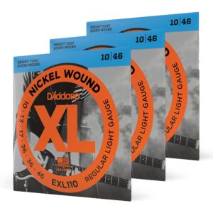 d'addario guitar strings - xl nickel electric guitar strings - exl110-3d - perfect intonation, consistent feel, reliable durability - for 6 string guitars - 10-46 regular light, 3-pack