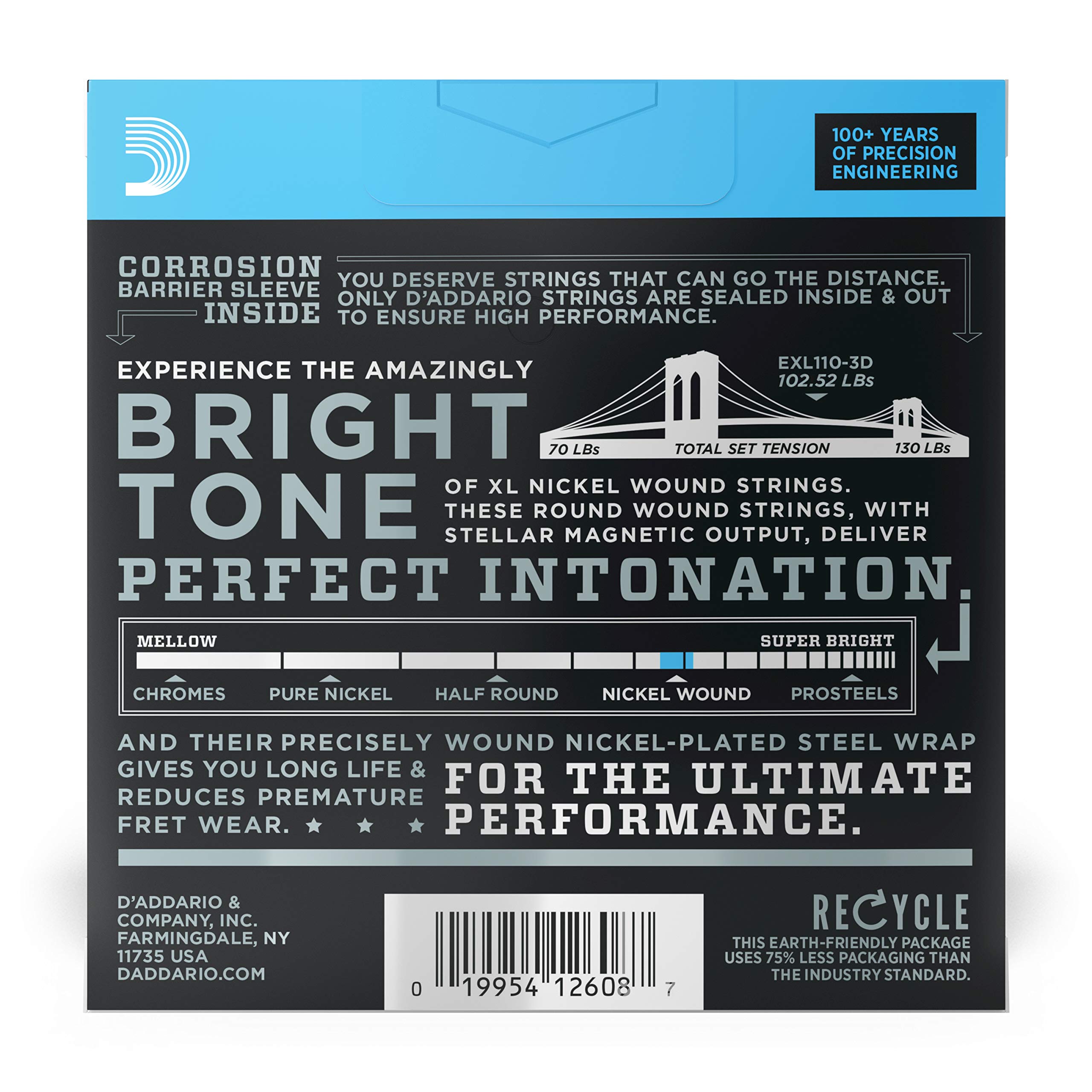 D'Addario Guitar Strings - XL Nickel Electric Guitar Strings - EXL110-3D - Perfect Intonation, Consistent Feel, Reliable Durability - For 6 String Guitars - 10-46 Regular Light, 3-Pack