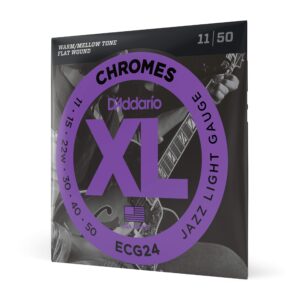 d'addario guitar strings - xl chromes electric guitar strings - flat wound - polished for ultra-smooth feel and warm, mellow tone - ecg24 - jazz light, 11-50, 1-pack