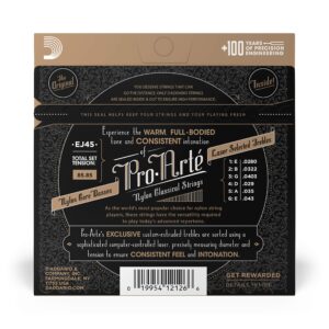 D'Addario EJ45 Pro-Arte Nylon Classical Guitar Strings, Normal Tension – Nylon Core Basses, Laser Selected Trebles - Offers Balance of Volume and Comfortable Resistance – 1 Set