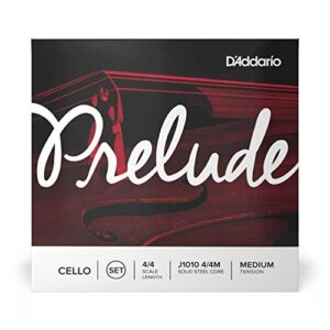 D'Addario J1010 Prelude Cello String Set, 4/4 Scale Medium Tension (1 Set) –Solid Steel Core, Warm Tone, Economical, Durable – Educator’s Choice for Student Strings – Sealed Pouch Prevents Corrosion