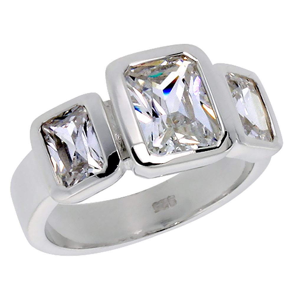 Sterling Silver Cubic Zirconia 3-Stone Ring Emerald Cut 1.2 ct Center Bezel Set, size 7