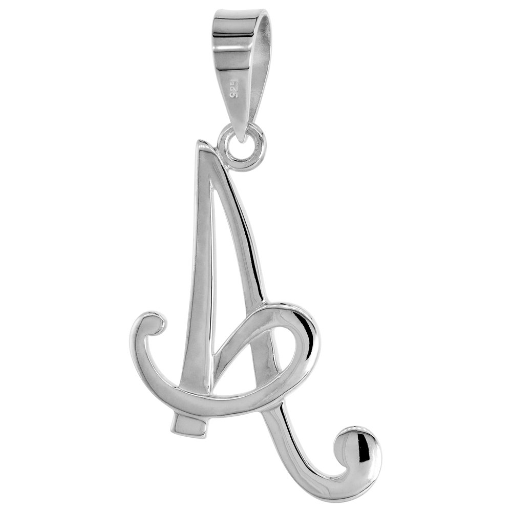 Sterling Silver Script Initial Letter A Alphabet Pendant Flawless Polish, 1 1/2 inch high