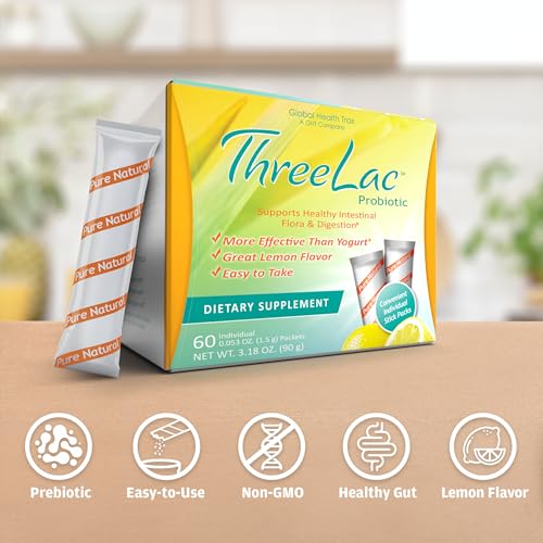 Threelac Probiotic Dietary Supplement, Natural Lemon Flavor, Includes 60 .053-Ounce Packets