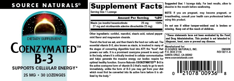 Source Naturals Coenzymated B-3 25MG, 30 Lozenges