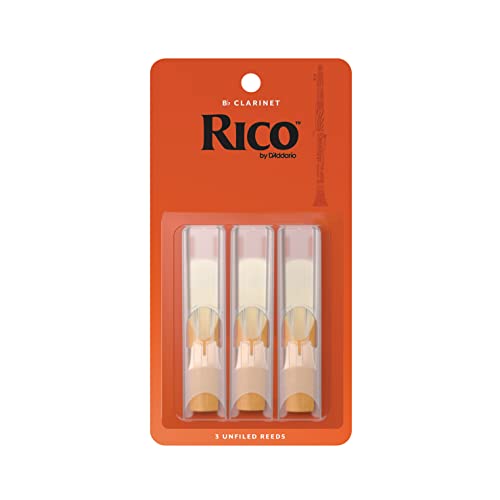 Rico Bb Clarinet Reeds - Reeds for Clarinet - Thinner Vamp Cut & Unfiled for Ease of Play, Traditional Blank for Clear Sound - Clarinet Reeds 3 Strength, 3-Pack