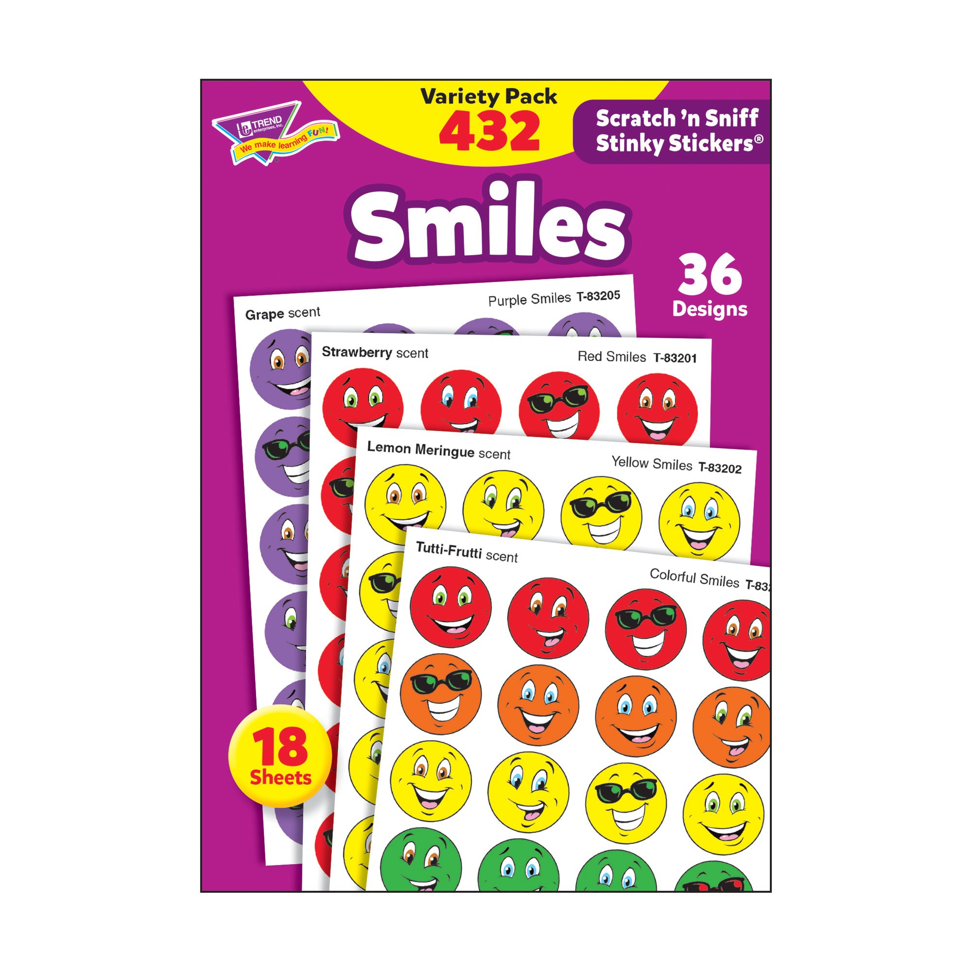 Trend Enterprises: Smiles, Scented Scratch 'N Sniff Stinky Stickers, Fun for Rewards, Incentives, Crafts and as Collectibles, 36 Different Designs, 18 Sheets Included, for Ages 3 and Up