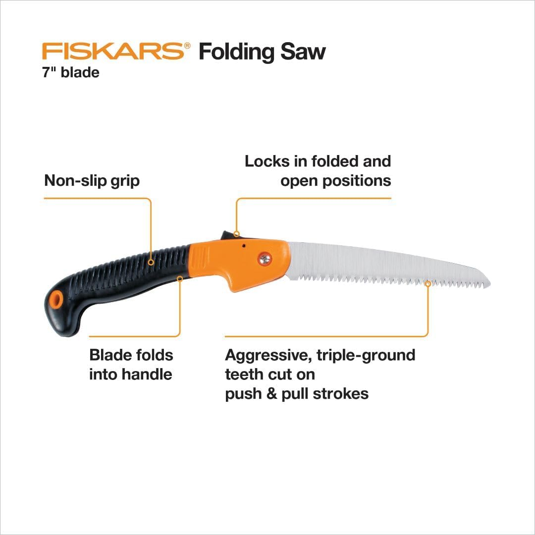 Fiskars Hand Saw, Folding Saw with Power Tooth Saw Blade with Triple Ground Teeth that Powers Through Wood Faster, Soft Grip 7-Inch Pruning Saw