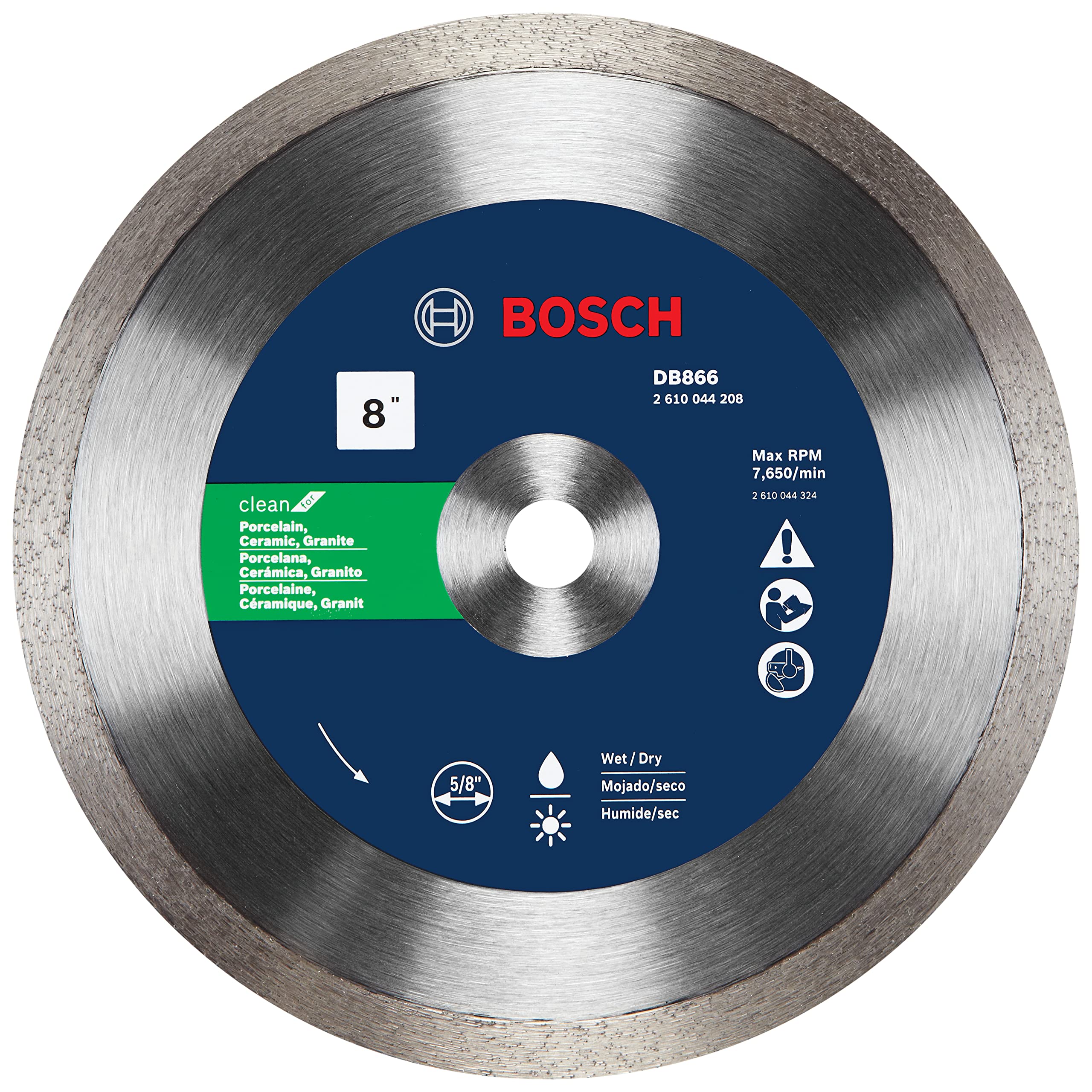 BOSCH DB866 8 In. Rapido Premium Continuous Rim Diamond Blade with 5/8 In. Arbor for Clean Cut Wet/Dry Cutting Applications in Porcelain, Ceramic, Granite