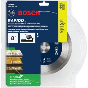 BOSCH DB866 8 In. Rapido Premium Continuous Rim Diamond Blade with 5/8 In. Arbor for Clean Cut Wet/Dry Cutting Applications in Porcelain, Ceramic, Granite