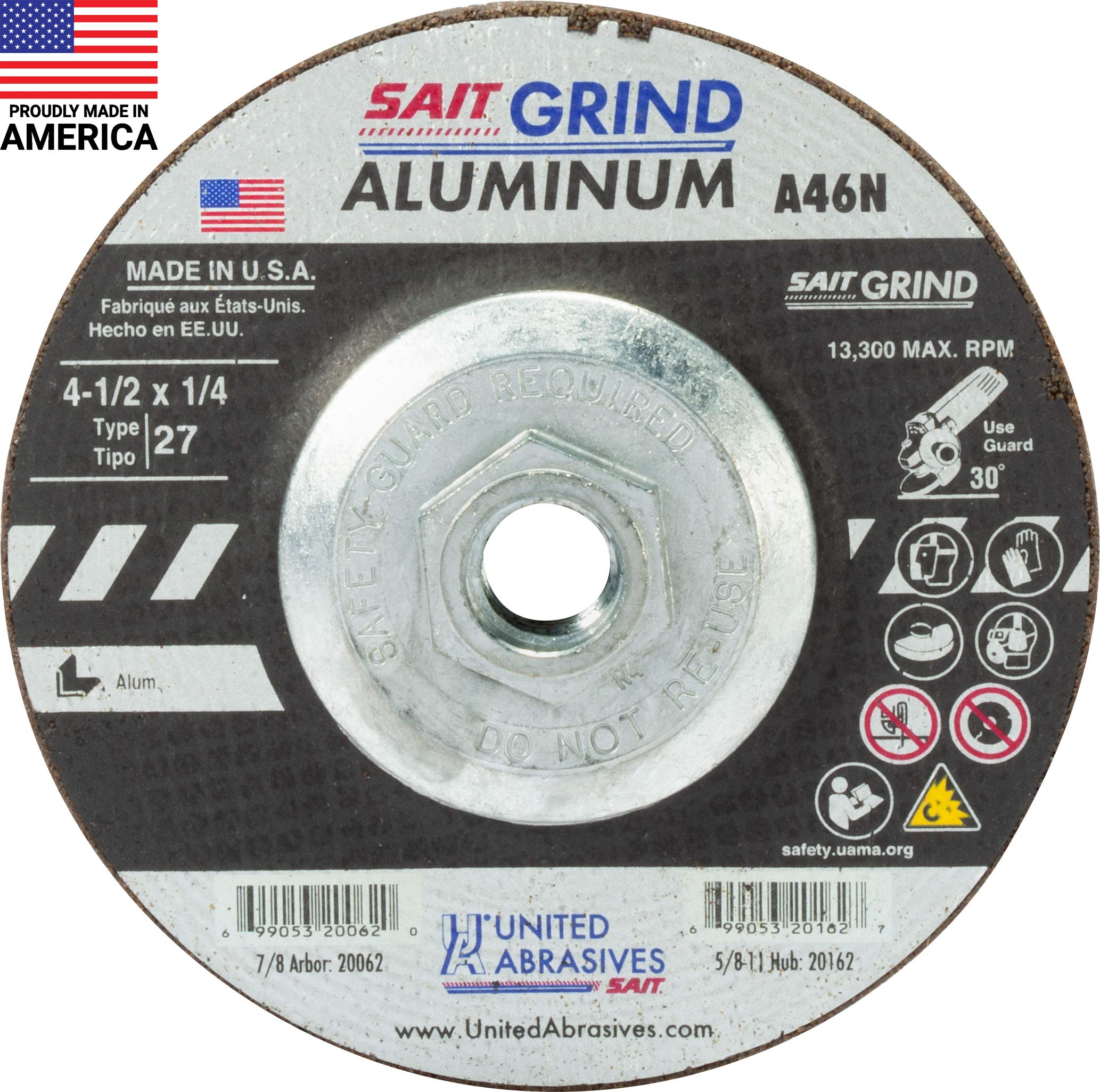 United Abrasives-SAIT 20162 A46N Aluminum Grinding Wheel (Type 27/Depressed Center) 4 1/2" x 1/4" x 5/8-11", 10-Pack