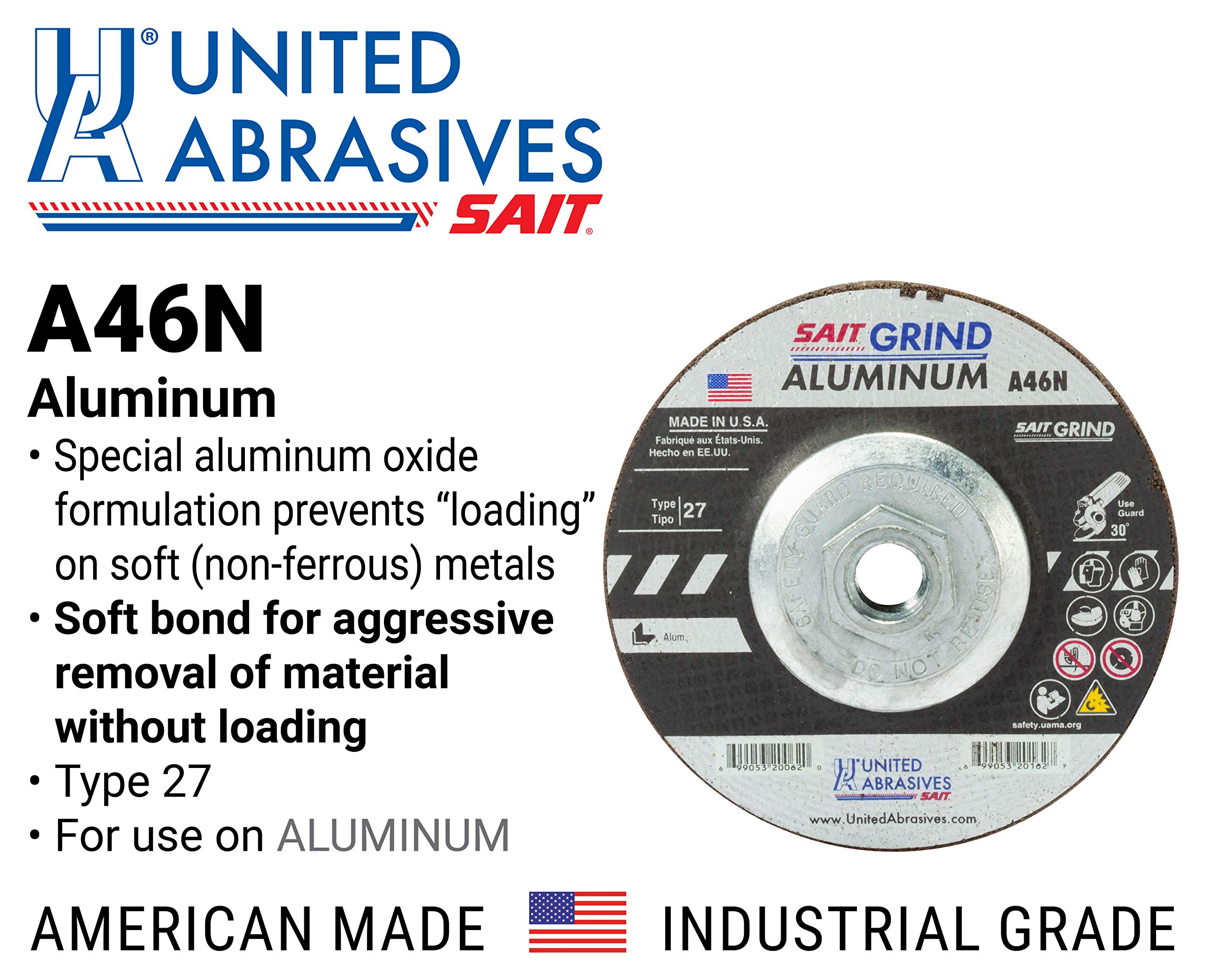 United Abrasives-SAIT 20162 A46N Aluminum Grinding Wheel (Type 27/Depressed Center) 4 1/2" x 1/4" x 5/8-11", 10-Pack