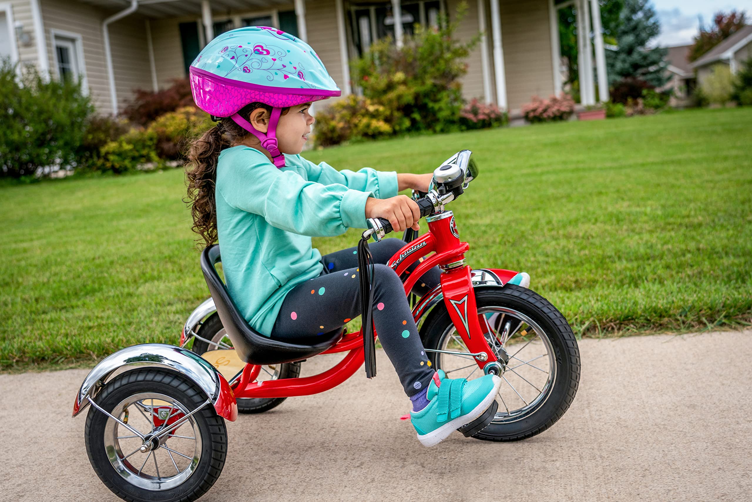 Schwinn Roadster Bike for Toddler, Kids Classic Tricycle, Low Positioned Steel Trike Frame with Bell and Handlebar Tassels, Rear Deck Made of Genuine Wood, for Boys and Girls Ages 2-4 Year Old, Red