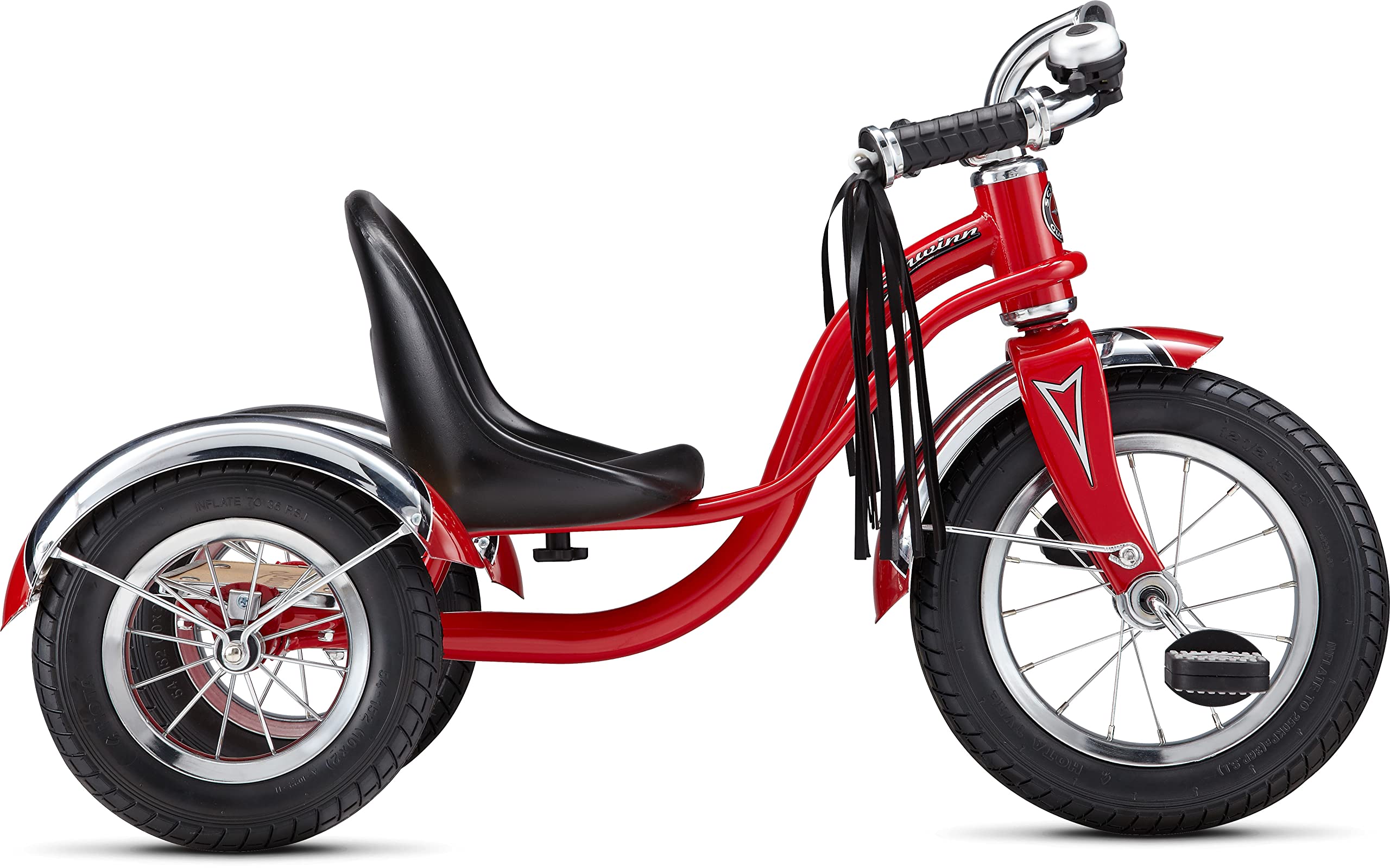 Schwinn Roadster Bike for Toddler, Kids Classic Tricycle, Low Positioned Steel Trike Frame with Bell and Handlebar Tassels, Rear Deck Made of Genuine Wood, for Boys and Girls Ages 2-4 Year Old, Red