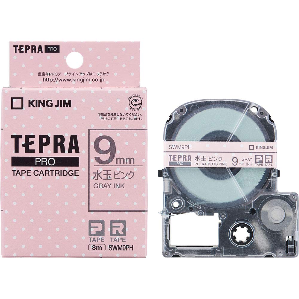 Kingjim SWM9PH Tepra PRO Tape Cartridge, Patterned Label, 0.3 inches (9 mm), Polka Dot, Pink/Gray Letters, Length 3.9 ft (8 m)