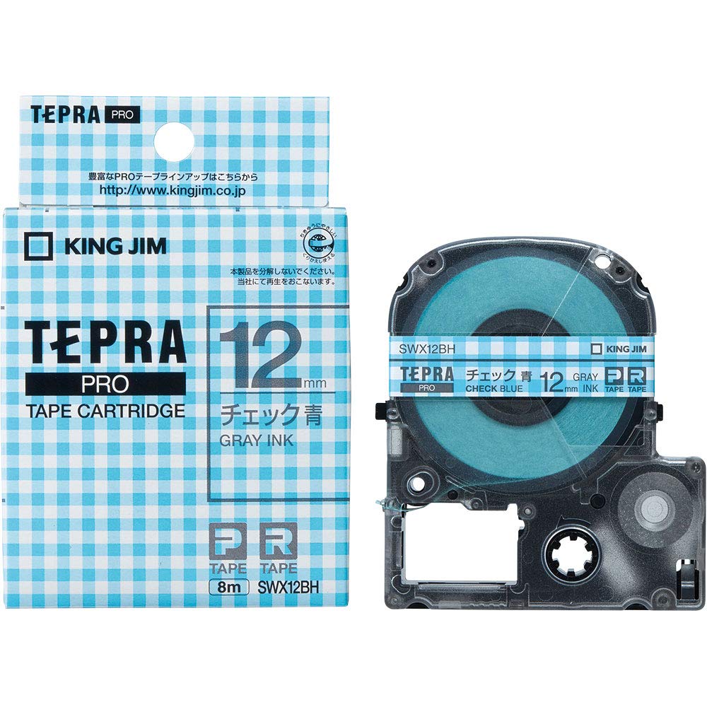 King Jim SWX12BH Tepra PRO Tape Cartridge, Patterned Label, 0.5 inches (12 mm), Checked Blue/Gray Letter, Length 22.8 ft (8 m)