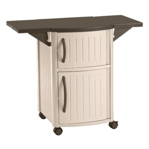 suncast dcp2000 portable outdoor patio backyard grilling entertainment serving prep station table with cabinet storage and drop leaf extensions, beige