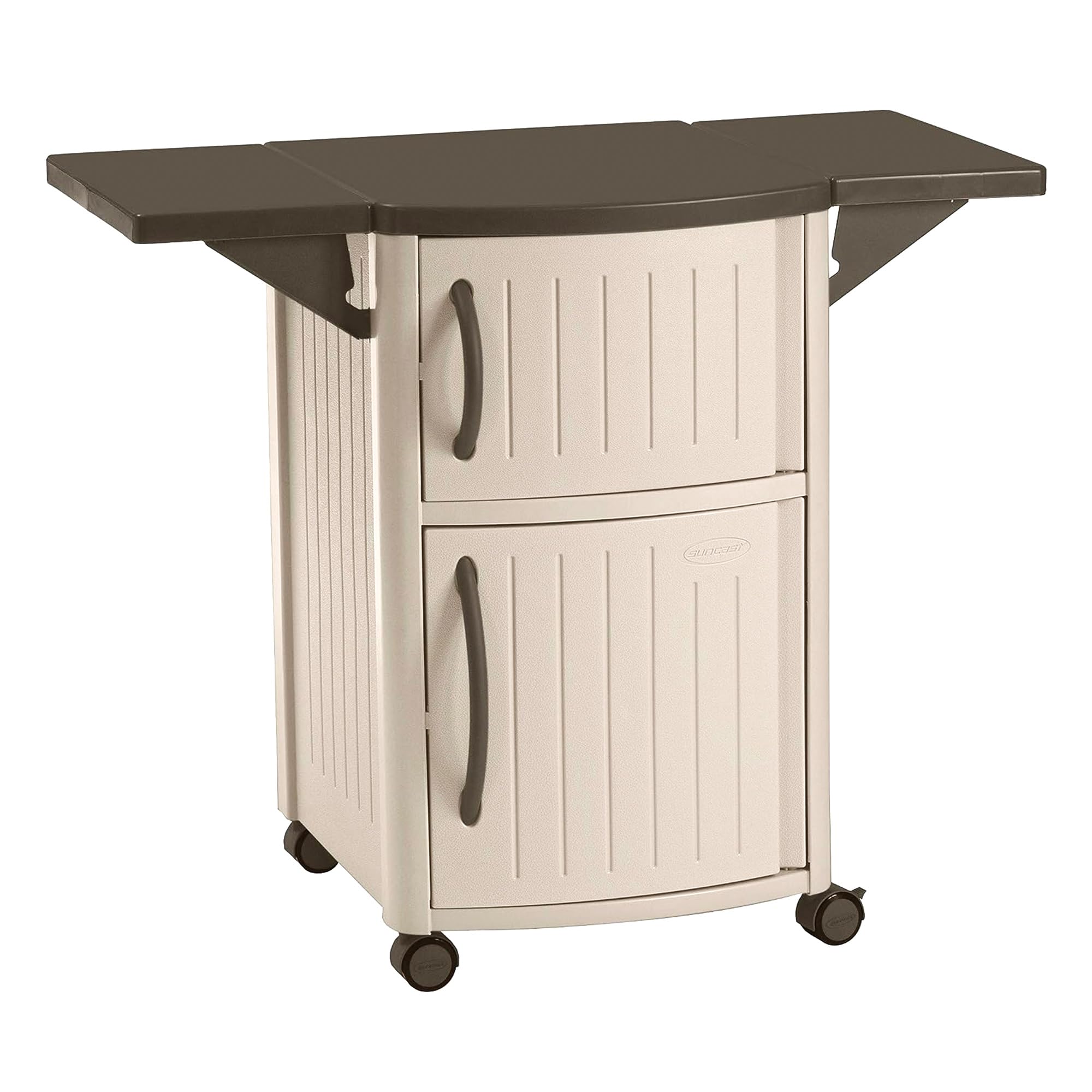 Suncast DCP2000 Portable Outdoor Patio Backyard Grilling Entertainment Serving Prep Station Table with Cabinet Storage and Drop Leaf Extensions, Beige