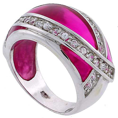 Sterling Silver Reddish Pink Resin Dome Ring with Cubic Zirconia Stones, size 10